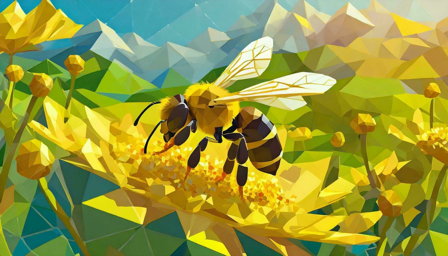 low poly bee feeding on nectar