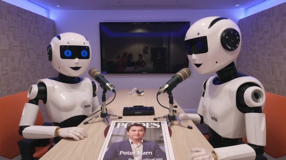 two robot podcasters sitting across each other with a picture of Peter Nam on the table