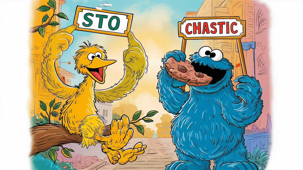 A yellow bird and a blue monster hold signs saying STO and CHASTIC respectively, smiling brightly.