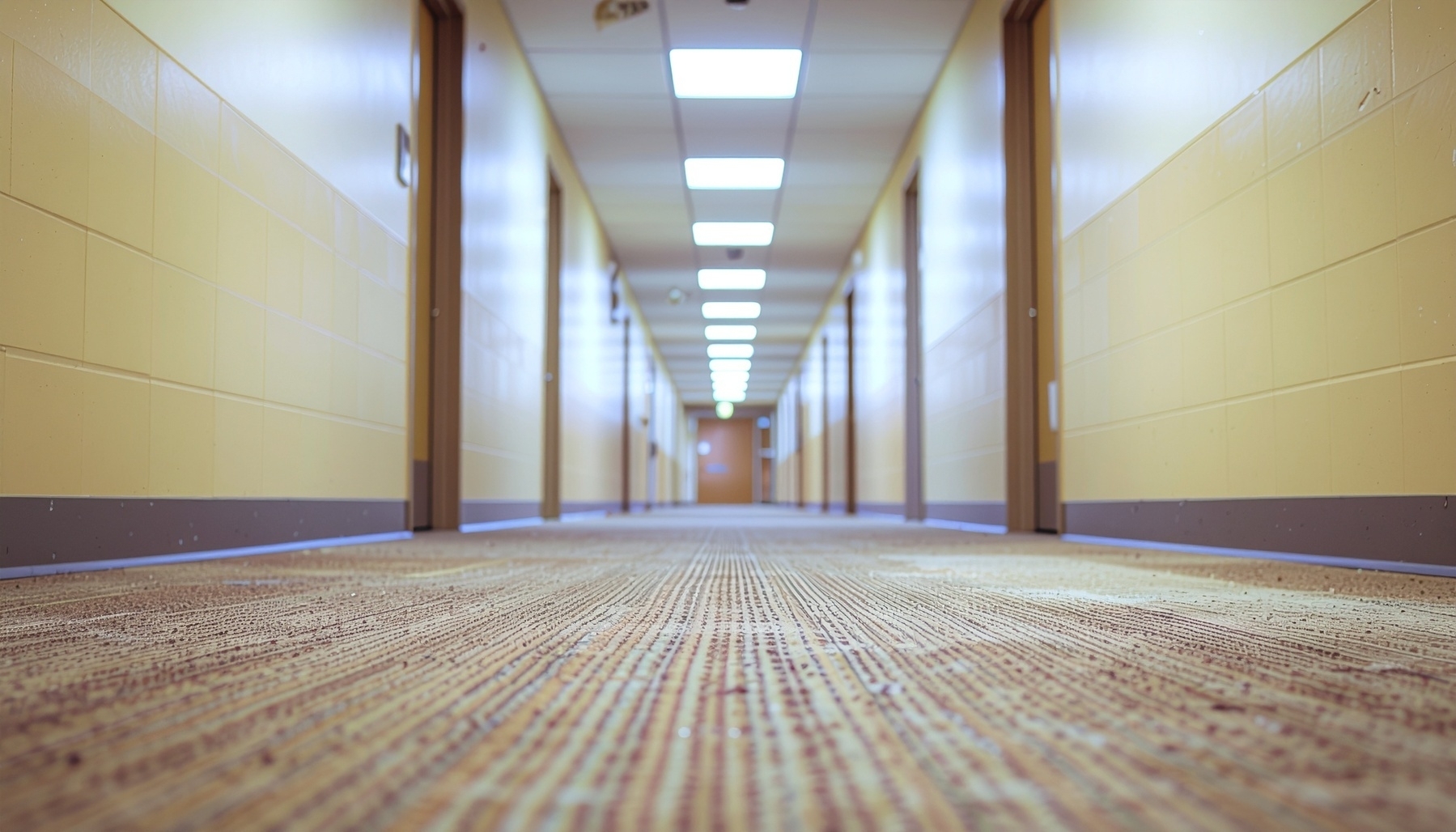 endless-office-hallway-with-yellowed-fluorescent-lighting