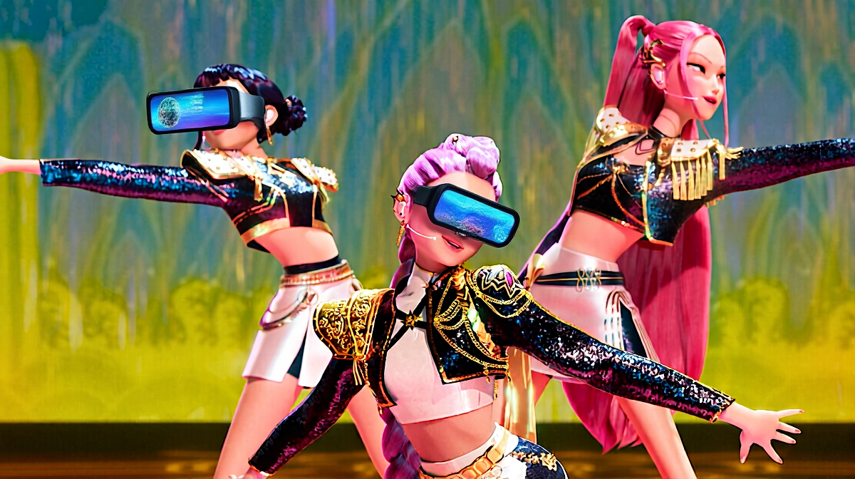 Three K-Pop singers on stage. Two of them wearing VR headsets