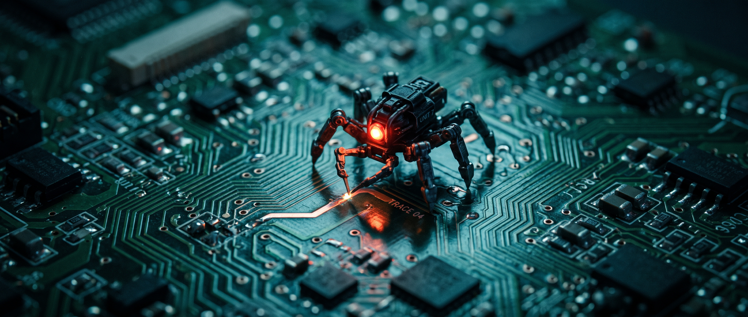 A robotic spider nefariously meddles circuitry coding on a circuit board