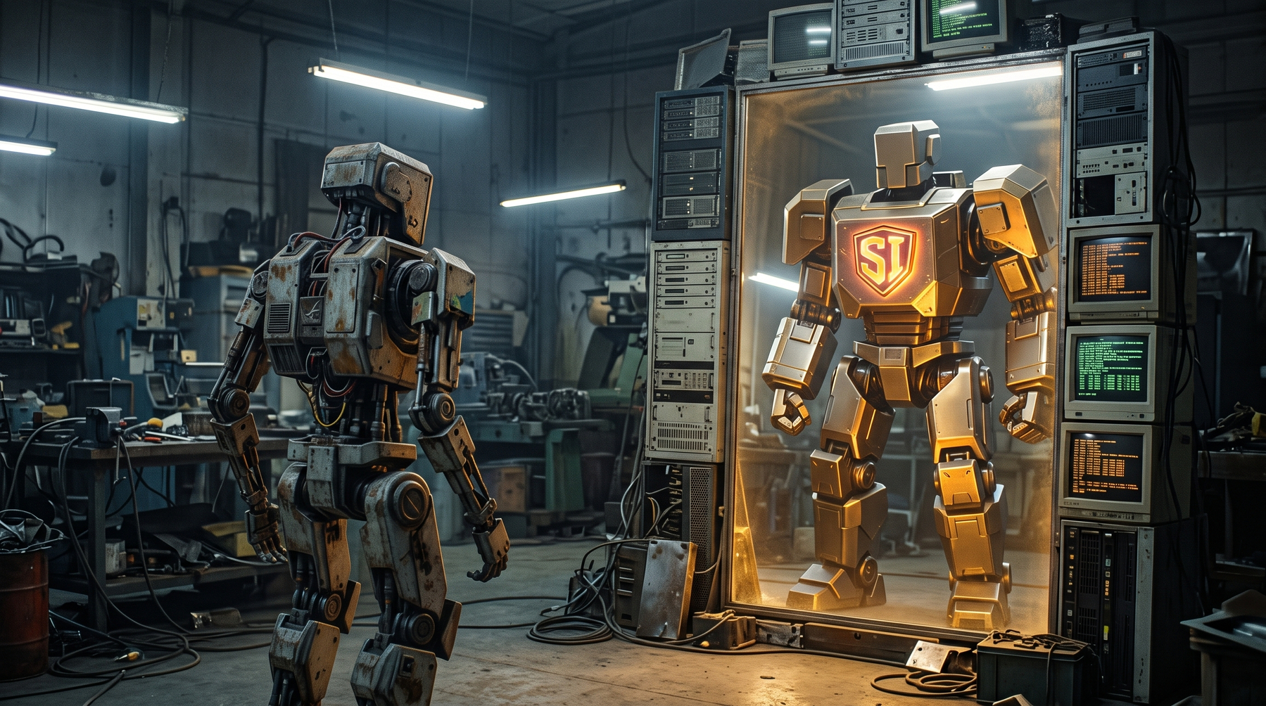 a robot looks in the mirror and sees a super version of itself